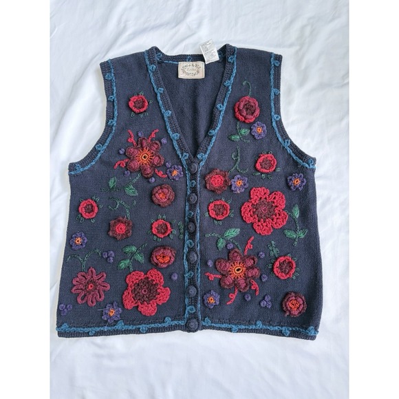 Erika Jackets & Blazers - Vintage Erika Ramie Cotton Blend Crochet Floral Button Front Vest Cottagecore